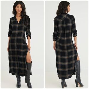 NEW Bella Dahl Duster Slit Midi Dress Black Honey Plaid